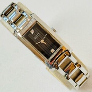 Vintage Guess Diamond Women's Tank Watch Silver Bracelet Black Dial G75969L